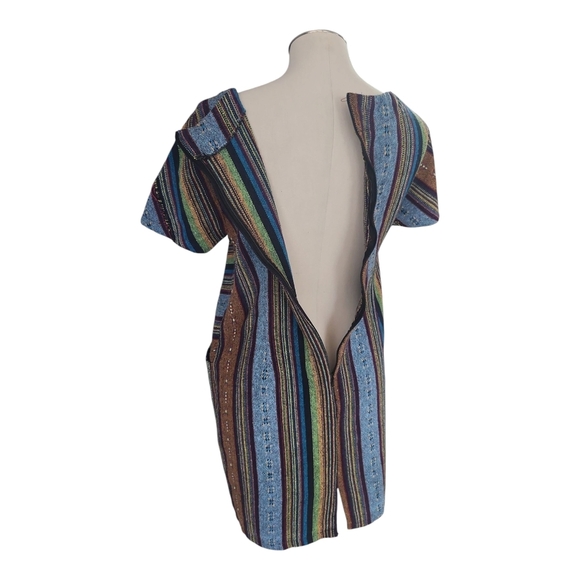 BoHo Hippie Drug Rug Carpet Striped Multicolor Short Sleeve Dress with Pockets L - Picture 7 of 11